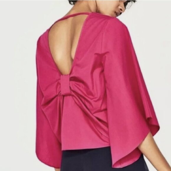 Zara Fuchsia Wide Sleeve Bow Cropped Blouse Size M NWOT - Picture 2 of 5